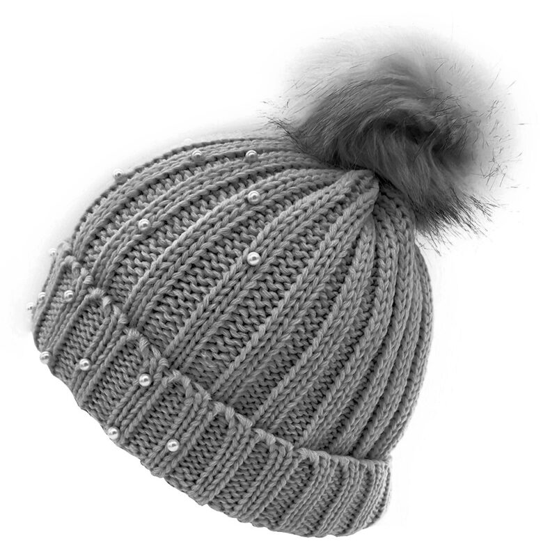 Παιδικό Σκουφάκι Πλεκτό Με Φούντα & Πέρλες, Γκρι