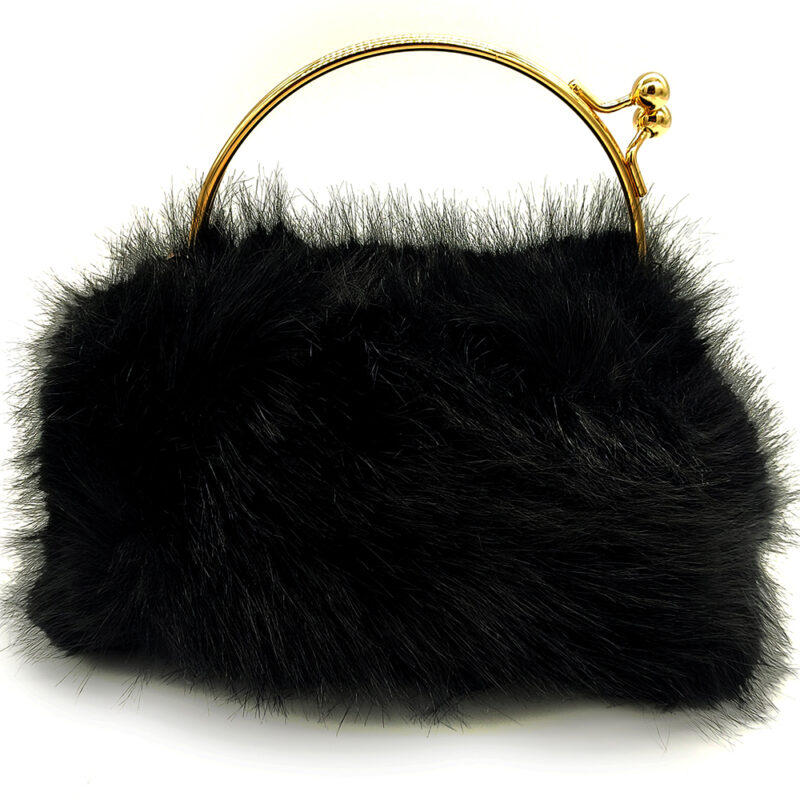 Γυναικείο Τσαντάκι Χειρός Γούνινο, Με Clutch Λαβή & Χρυσή Αλυσίδα - Μαύρο