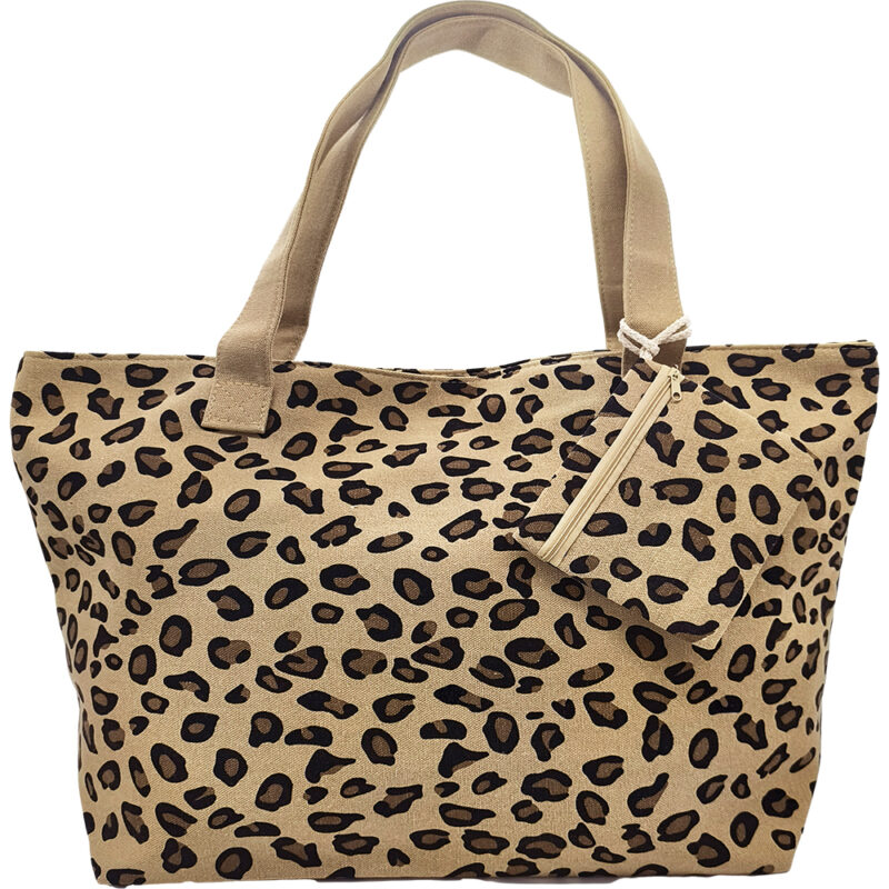 Τσάντα Θαλάσσης, Οριζόντια, Animal Print Λεοπάρ & ΔΩΡΟ Πορτοφολάκι - Καφέ