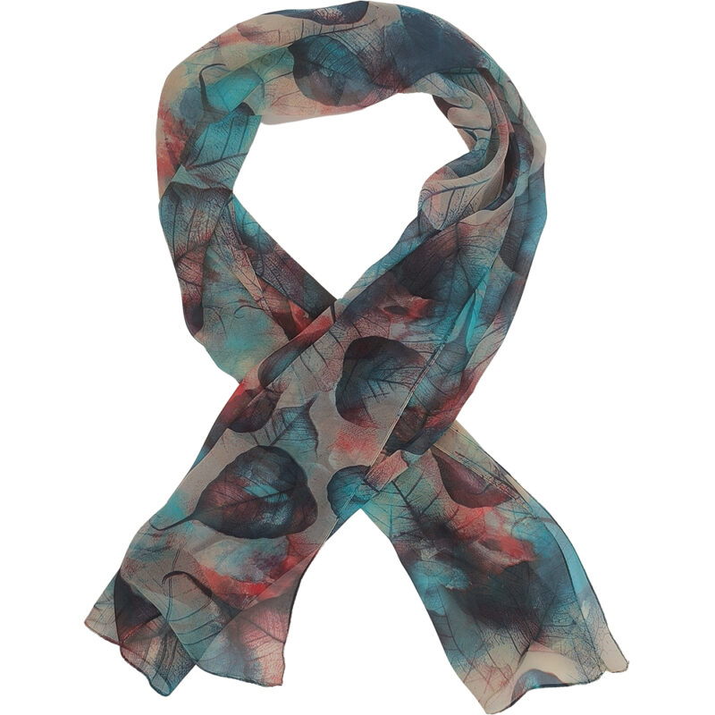 Γυναικείο Μαντήλι Λαιμού Στενόμακρο, Λεπτό, Σχέδιο Πλατύφυλλα - Μπλε