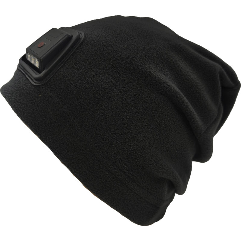 Unisex Σκούφος Fleece & LED Επαναφορτιζόμενο Φακό Κεφαλής, Με 3 Εντάσεις & SOS Σινιάλο - Μαύρο