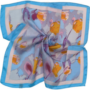 Γυναικείο Μαντήλι Λαιμού Μεταξωτό 100%, Με Σχέδια Λουλούδια Τουλίπες - Γαλάζιο