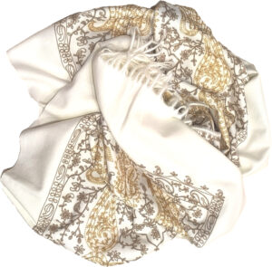 Γυναικεία Πασμίνα Χονδρή & Με Κασμίρ, Χειμερινή, Με Χρυσό Κέντημα Λαχούρια, Ιβουάρ