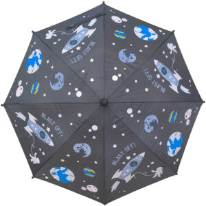 Παιδική Ομπρέλα Βροχής Που Αλλάζει Χρώμα Στη Βροχή & Με Σφυρίχτρα, Αυτόματη, Μπαστούνι, Διάστημα & Πλανήτες - Γκρι Σκούρο