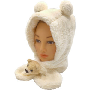 Παιδικό Σκουφάκι Προβατάκι Με Προέκταση Λαιμού,  Σχέδιο Αρκουδάκι, Κρεμ