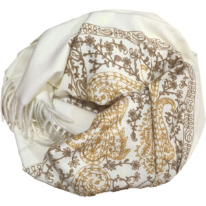 Γυναικεία Πασμίνα Χονδρή & Με Κασμίρ, Χειμερινή, Με Χρυσό Κέντημα Λαχούρια, Κρεμ