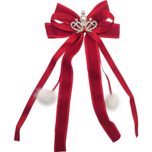 Παιδικό Κοκαλάκι, Πιαστράκι, Χριστουγεννιάτικος Βελούδινος Φιόγκος Με Κορώνα & Φούντες - Κόκκινο