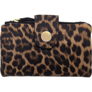Γυναικείο Πορτοφόλι Μεσαίο, Μαλακό Με Πολλές Θήκες Για Κάρτες, Κλείνει Με Κούμπωμα, Λεοπάρ - Καφέ Ανοιχτό