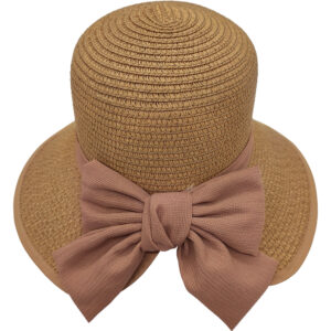 Καπέλο Γυναικείο Ψάθινο, Κώνος Με Γείσο & Κορδέλα Με Καφέ Φιόγκο Στο Πίσω Μέρος - Μπεζ Σκούρο