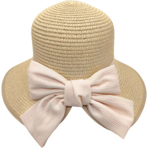 Καπέλο Γυναικείο Ψάθινο, Κώνος Με Γείσο & Κορδέλα Με Ροζ Φιόγκο Στο Πίσω Μέρος - Μπεζ Ανοιχτό