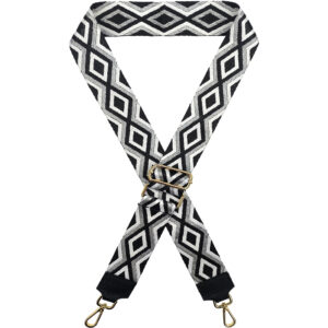 Ιμάντας - Λουρί Τσάντας, Ρυθμιζόμενος, 5cm, Για χιαστί ή Ώμου, Με Χρυσό Μεταλλικό Γάντζο, Σχέδιο Ρόμβοι - Μαύρο