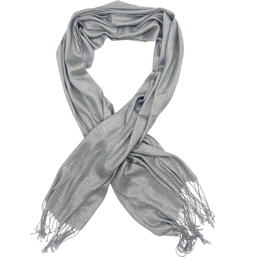 Γυναικεία Εσάρπα/Πασμίνα Για Βραδινές Εμφανίσεις - Μεγάλη - Δίχτυ/Γάζα Με Κρόσσια - Γκρι Ανοιχτό Με Ασημί Κλωστή