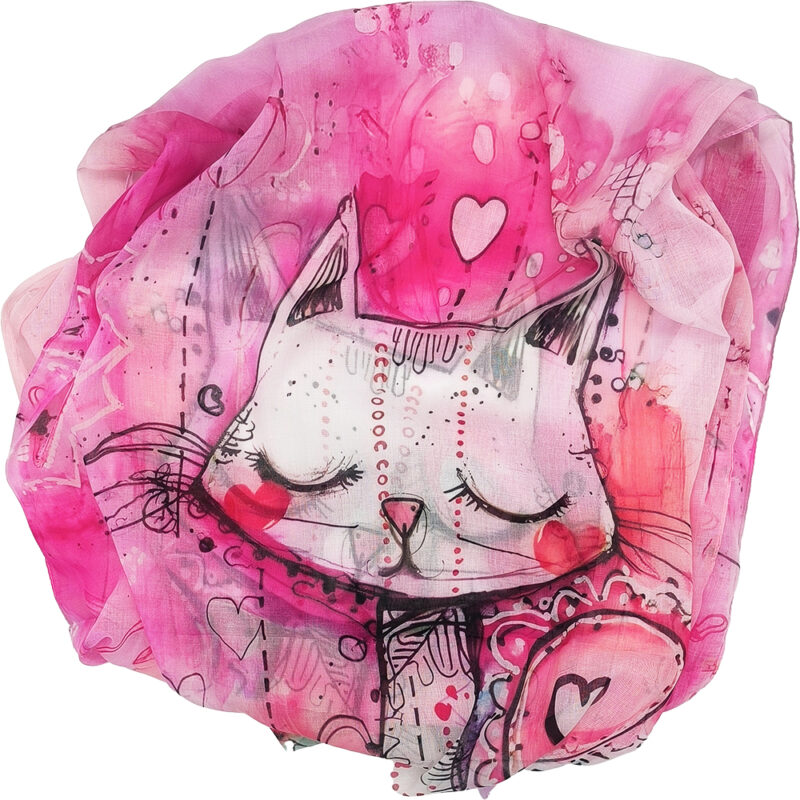 Γυναικείο Φουλάρι Λεπτό, Γάζα, Με Σχέδιο Γατούλα & Διάφορα Μοτίβα - Φούξια